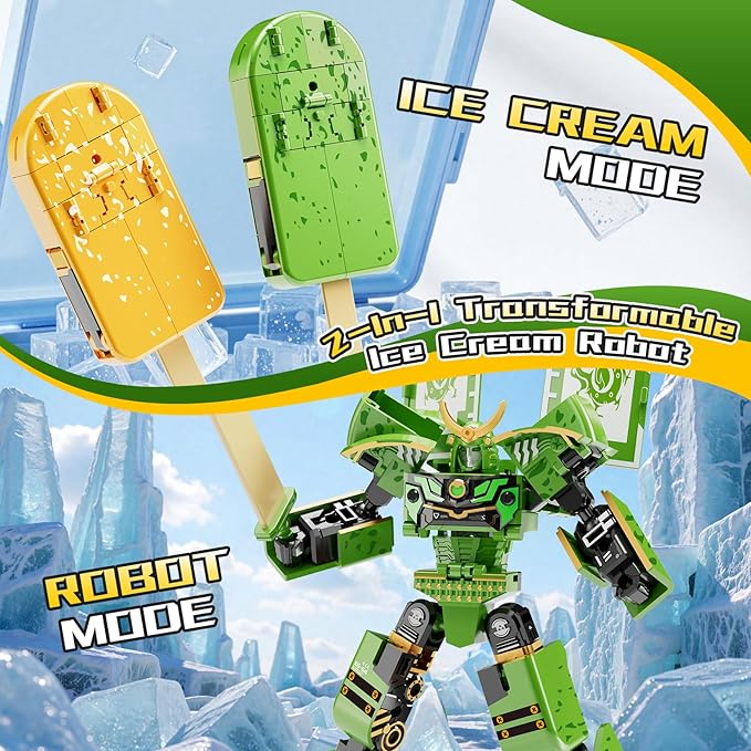 Ice Cream Transforming Toy, 2 in 1 Transform into Robot Action Figure, DIY Transformation Figure Toys for Kids & Adults Action Figures for Boys Party Favors Gift (Red)
