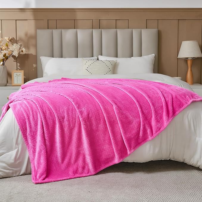 NEWCOSPLAY Fleece Leaves Pattern Throw Blanket, Hot Pink, 50"x60" | Super Soft Throw Blanket, Lightweight Cozy Bed Sofa Blanket, Premium Silky Flannel Fleece, Travel Blanket for All Season Use