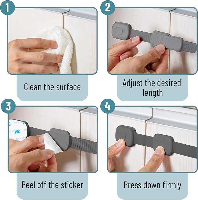 Bates- Child Safety Strap Locks, 8 Pack, Gray, Baby Cabinet Locks with Adjustable Strap Length