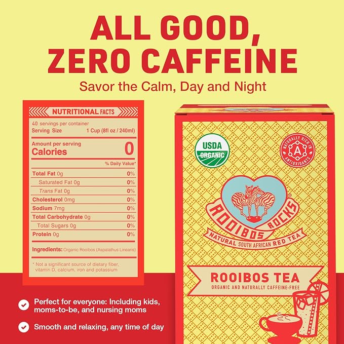 Caffeine Free Red Rooibos Tea Bags 40 - Naturally Sweet Herbal Tea Safe for Children and Pregnant Women - Low Tannin, Premium Organic Rooibos Tea Sustainably and Ethically Farmed in South Africa