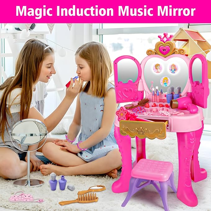 Toddler Vanity Magic Makeup Set Table and Chair Girl Toy Automatically Mirror with Music Light Pink Toys for 2 3 4 5 Year Old Girls Hair Salon Pretend Play Princess Dress Up Playset Gift Toddler 1-3