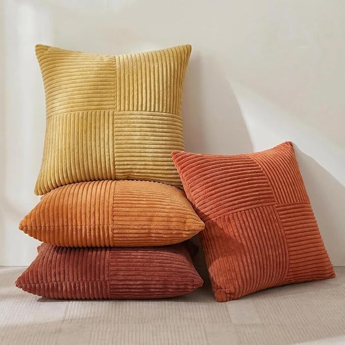 Fancy Homi Set of 4 Boho Fall Decorative Throw Pillow Covers 16x16 Inch for Couch Bed Sofa Bedroom, Modern Farmhouse Home Decor, Soft Cross Striped Corduroy Patchwork Colorful Cushion Case 40x40cm