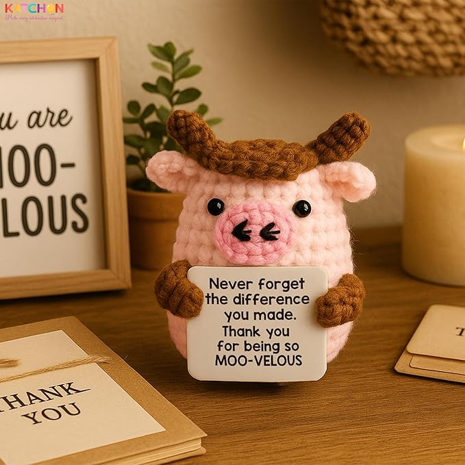 KatchOn, Mini Funny Positive Cow Gifts | Emotional Cheer Up Support Gift for Women, Men, Coworker, Friends, Teen | Handmade Crochet Highland Cow Gift for Christmas, Birthday, Bosses Day, Thanksgiving