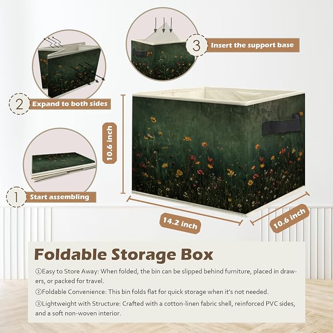 Dark Green Wildflower Storage Box Bins, Dark Cottagecore Floral Botanical Collapsible Storage Basket Organizer for Bedroom Laundry Room Home Clothes Books, Decor for Room
