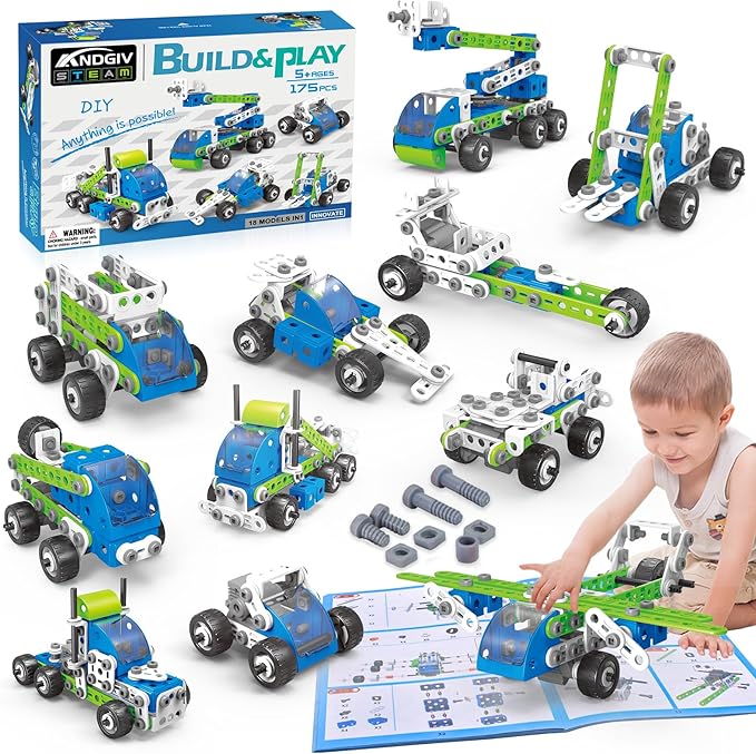 STEM Building Toys for Kids Ages 4-8, 175 Pcs Educational Construction Kit, Building Blocks Set, 18 in 1 Creative Engineering Pull Back Cars, Birthday Gift for Boys & Girls 4 5 6 7 8 9 10 Year Old