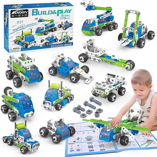 STEM Building Toys for Kids Ages 4-8, 175 Pcs Educational Construction Kit, Building Blocks Set, 18 in 1 Creative Engineering Pull Back Cars, Birthday Gift for Boys & Girls 4 5 6 7 8 9 10 Year Old