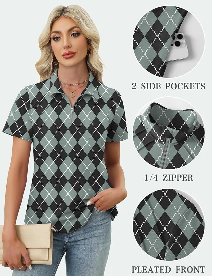 LOMON Womens Golf Polo Shirt Summer Short Sleeve Quarter Zip Outfit | Side-Pockets,Princess Seams,Cotton,Wrinkle Free,Moisture Wicking,Quick-Dry,Lightweight,Collared,for Tennis Workout