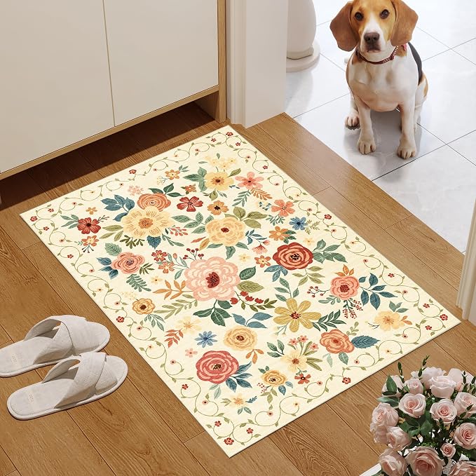 DUKINO 2x3 Entryway Rug, Door Mat Soft Washable Rug Non Slip, Beige Yellow | Low Pile, Non-Shedding, Floral Small Rug for Kitchen, Entrance, Bedroom, Bathroom, Pet Friendly, Stain Resistant, Home Decor