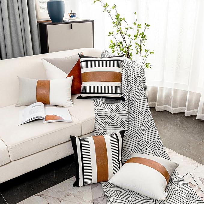 Pack of 2 Faux Leather and Cotton Patchwork Throw Pillow Covers for Sofa Couch Farmhouse Decorative Square Cushion Cover Boho Stripe Accent Pillow Case 20 x 20 Inch, Black