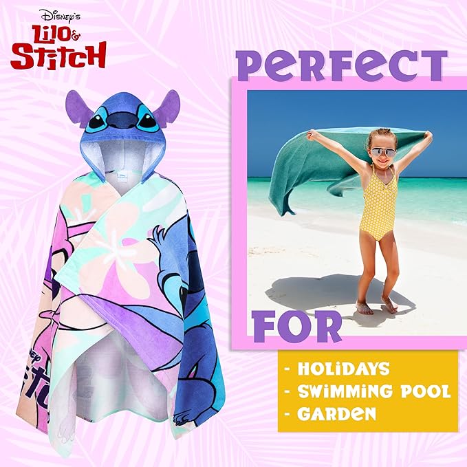 Disney Stitch Bath Towel with Hood for Kids Teenagers Absorbent Cozy Poncho Hooded Beach Towel Wrap for Beach Pool Swimming Bath Vacation Essentials (Blue/Multi Stitch, 6-14 Years)