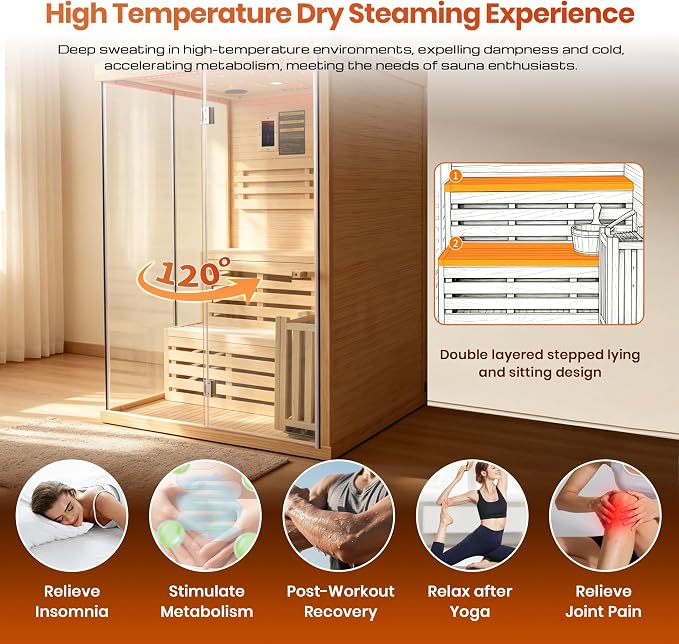 OUTEXER 2-3 Person Steam Sauna Traditional Saunas Home Spa Room Wet Indoor Saunas 7 Color LED Lights with 240V 3KW Heater,Sauna Stone,Wooden Bucket,Spoon,Thermometer,Hourglass,Cup Holder