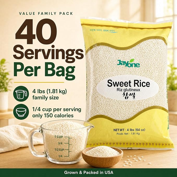 Jayone Sweet Rice, 4 lb, Glutinous Rice, Sticky Rice for Rice Cakes, Desserts, Porridge, Multigrain Rice, and Everyday Cooking