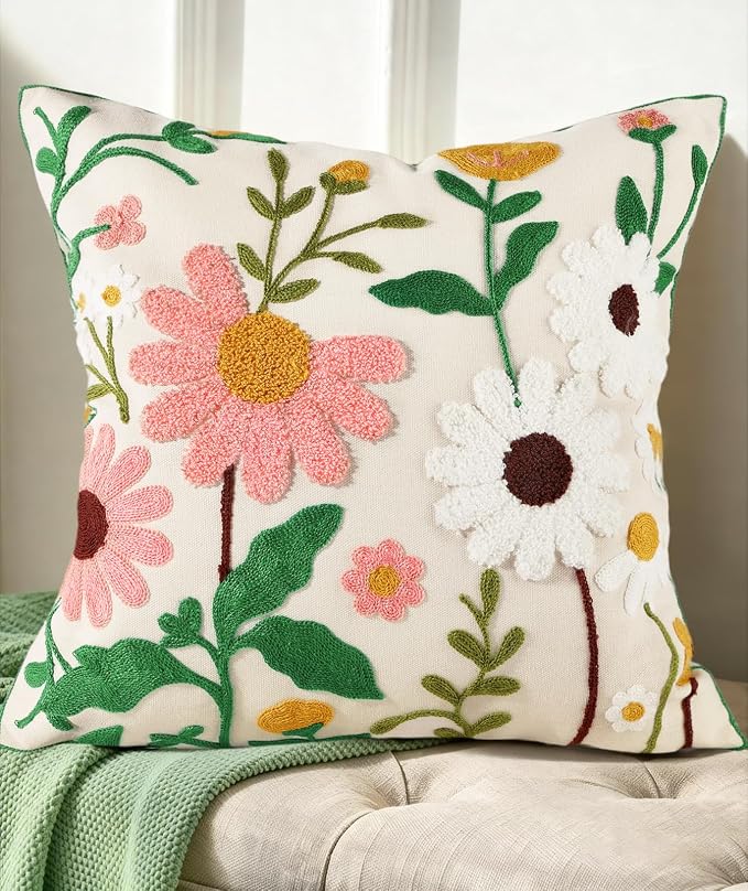 Embroidered Throw Pillow Cover - 18x18 Decorative Pillow Cover with Zipper Aesthetic Cute Design Boho Spring Summer Cozy Throw Pillowcase for Living Room Couch Sofa Bed, Pink White Flower