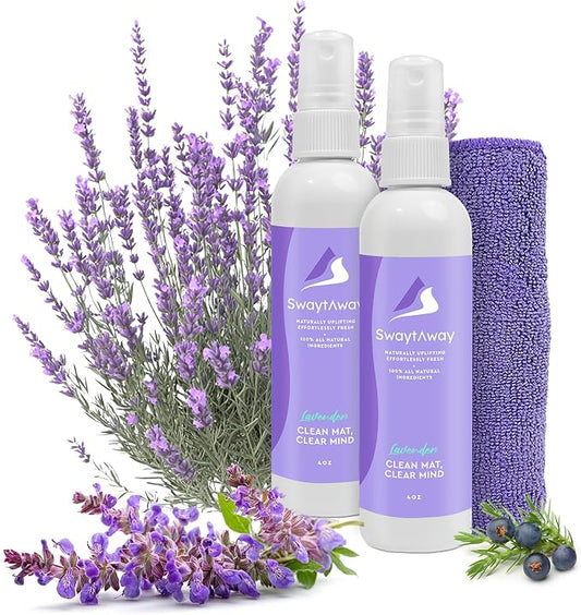 SwaytAway Fitness Mat Mist – 4oz Travel Size Yoga Mat Spray with Towel - (Pack of 2) – Aromatherapy-Inspired Lavender and Patchouli Blend – Plant-Based, No Rinse, Refreshes & Deodorizes