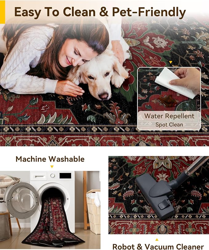 RELEANY Area Rugs 6'x9' Washable Non-Slip, Floral Vintage Distress Medallion Carpet for Living Room Bedroom Dining Room, Red Black