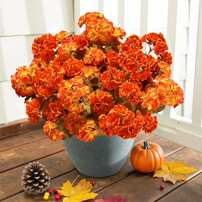 Fake Geraniums Artificial Flowers for Outdoors Fall Autumn Decoration, 6 Bundles Silk Geraniums Look Real Faux Fall Flowers Plants for Front Door Garden Planter Patio Balcony Yard Home Indoor, Mix