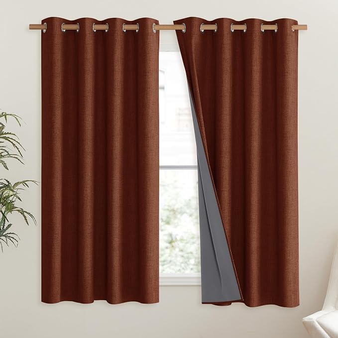 NICETOWN 100% Absolutely Blackout Linen Curtains with Thermal Insulated Liner, 52" Wide, 2 Panels, 45" Long Drapes, Grommet Retro Burnt Orange Linen Curtains Vertical Drapes Privacy for Bedroom