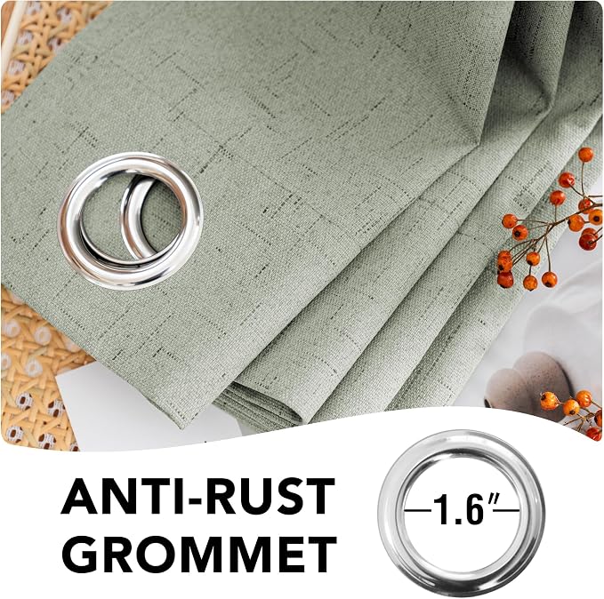 H.VERSAILTEX Linen Curtains 100% Blackout Curtains for Bedroom 90 inch Long Full Light Blocking Nature Linen Blended Window Curtains for Living Room Nickel Grommet (2 Panels, Sage)