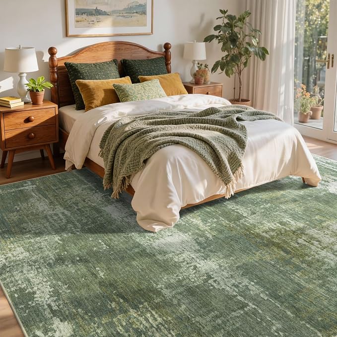 4x6 Ft Area Rugs for Living Room, Soft Non-Slip Washable Rugs Modern Abstract Pattern Carpet for Bedroom Indoor Floor Nursery Home Decor (Green/White)