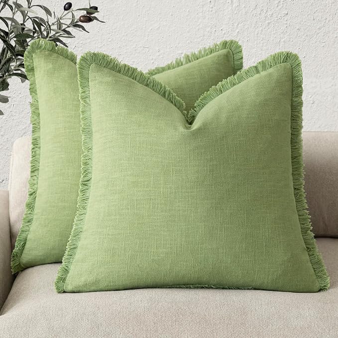 Foindtower Set of 2 Decorative Linen Fringe Throw Pillow Covers Cozy Boho Farmhouse Cushion Cover with Tassels Soft Accent Pillowcase for Couch Sofa Bed Living Room Home Decor,26×26 Inch,Lime Green