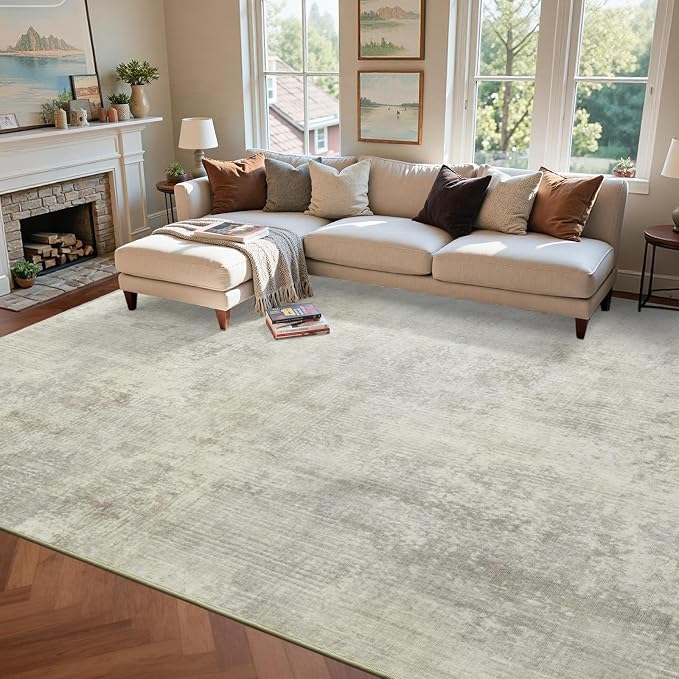 9x12 Ft Extra Large Washable Area Rugs for Living Room, Soft Non-Slip Modern Abstract Pattern Carpet for Bedroom Indoor Floor Nursery Home Decor (Beige)