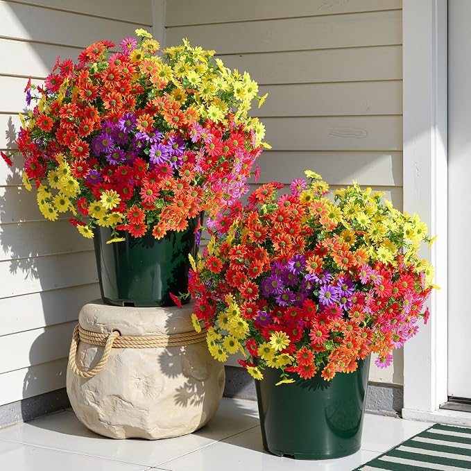 Alupssuc 20 Bundles Artificial Daisies Flowers Fake Silk Plant for Indoor Outdoor Decor, UV Resistant No Fade Faux Spring Flowers for Garden, Porch & Patio Decoration,RedRosyPurpleYellowOrange