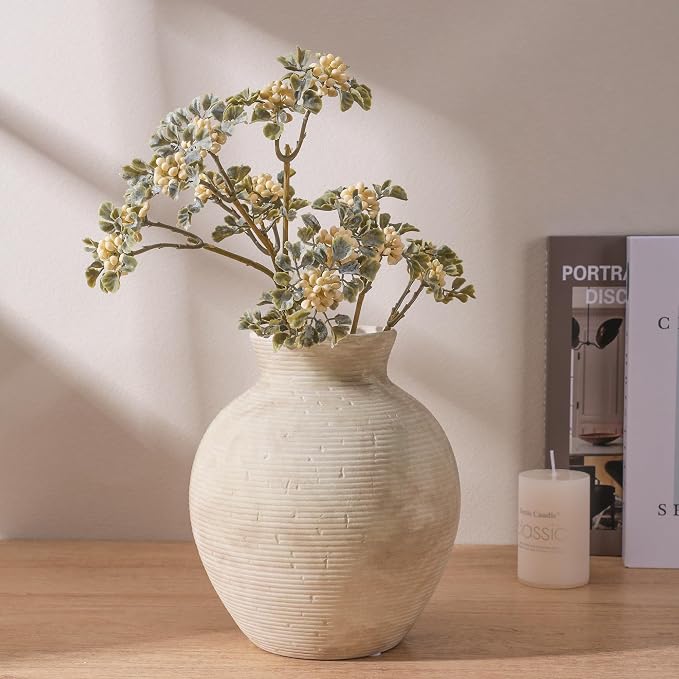 Ceramic Flower Vase Home Decor, 7.4 in Farmhouse Table Vases Rustic Vintage Living Room Kitchen Bedroom Decoration Pottery Decorative Vases for Flowers House Shelf Office Desk Dining Entryway, Retro