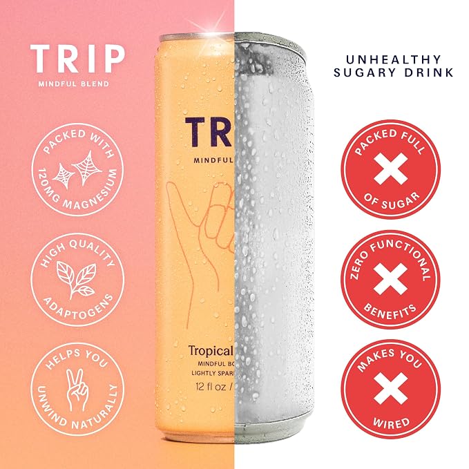 TRIP Lightly Sparkling Adaptogen Seltzer, Non-Alcoholic Mocktail with Magnesium, Ashwagandha, Lions Mane & L Theanine, No Added Sugar, Vegan, Party Variety Pack, 12 Oz, 12Pk