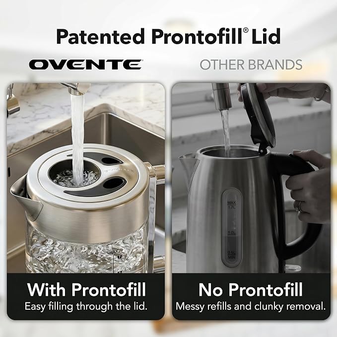 OVENTE Electric Kettle, 1.8L Tea Kettle Cordless with Borosilicate Glass Water Boiler, Stainless Steel Base, Acrylic Handle, 1500W Fast Boil Electric Kettle, Easy Fill Lid, Auto Shutoff, Silver KG911S