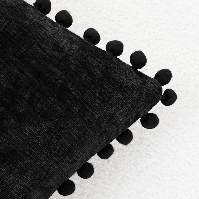 CaliTime Decorative Couch Throw Pillow Covers 22 X 22 Inches Black | Pack of 2, Cozy Chenille Cushion Cases, with Pom Poms for Sofa Bed Living Room Farmhouse Home