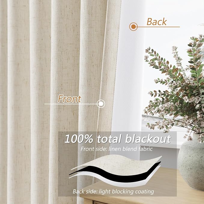 Guken 100% Blackout Linen Curtains for Bedroom 90 inches Long, Thermal Insulated Room Darkening Black Out Drapes for Living Room, Back Tab Rod Pocket 2 Panels Set,Birch Beige,52x90