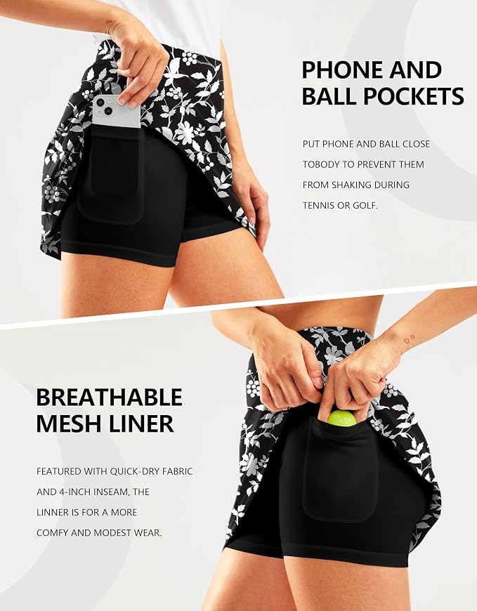 16" Golf Skirt with 2 Zipper Pockets | Tee Holder, Mesh Shorts, High Waisted, Casual, Pickleball, Athletic, Tennis, Skorts for Women