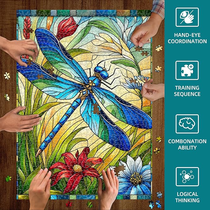Sutinban Stained Glass Dragonfly 1000 Piece Puzzles, Jigsaw Puzzle 1000 Pieces for Adults, Coolest Adult Puzzles for Happy Family Time, Great Gift for Jigsaw Puzzle Lovers, 27.5’’x19.7’’