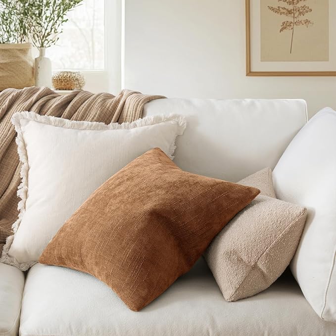 MIULEE 24x24 Inch Euro Textured Chenille Throw Pillow Covers Brown | Pack of 2 Decorative Soft Throw Pillows,Solid Textured Cushion Covers,Modern Home Decor for Bed Couch Sofa Bedroom Livingroom