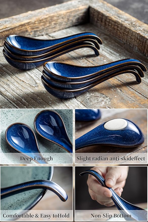 LYEOBOH Soup Spoons set of 6, Chinese Deep Soup Spoon - 6.5 inch Ceramic Korean Tablespoons for Ramen, Rice, Noodle, Asian Spoons with Deep Hook Design, Vintage Blue