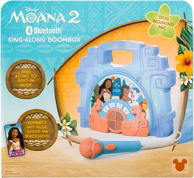 eKids Disney Moana Bluetooth Sing Along Boom Box with Microphone For Fans of Moana Toys, Kids Karaoke Machine with Built in Music and Flashing Lights