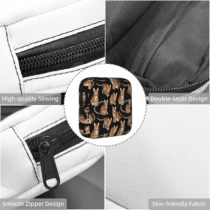 Menstrual Pad Pouch Watercolor Tiger Stripe Cat, Reusable Feminine Hygiene Bag with Zipper, Compact for Ladies On the Go