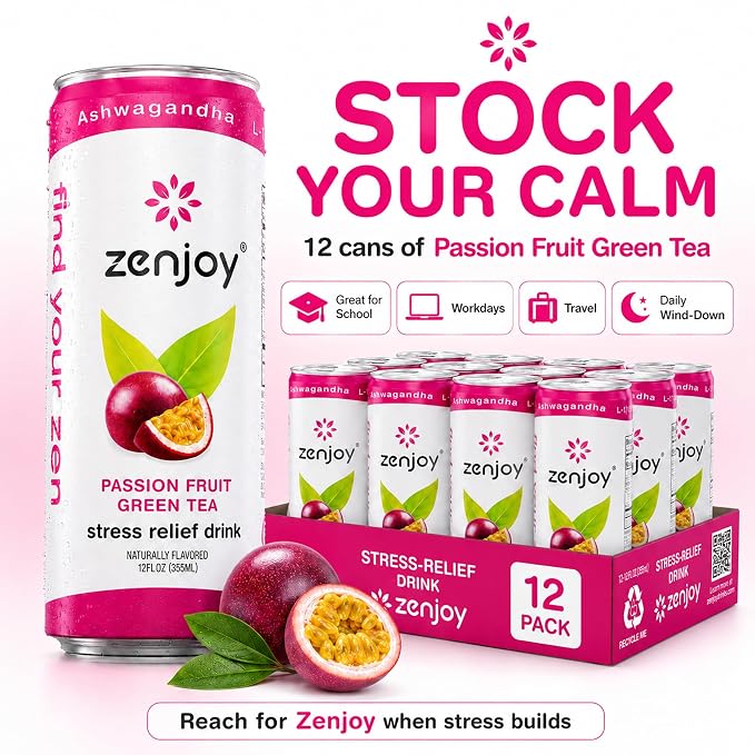 Zenjoy Adaptogen Drink Stress Relief Tea | Non Alcoholic Calming Drink w/Ashwagandha, Lemon Balm & L-Theanine for Focus | Stress Tea Calming Social Mocktail with Adaptogens (12 Pack, Passion Fruit)
