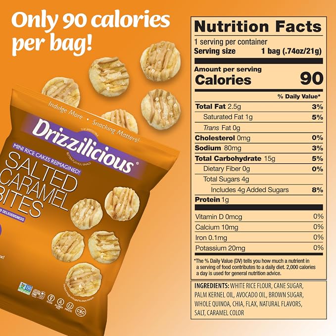 Drizzilicious Mini Flavored Rice Cakes Salted Caramel - Rice Crisps, Healthy Snack for Adults and Kids, Vegan, Gluten Free Snack, Allergen Free, Only 90 Calories Per Bag - 0.74 oz (Pack of 10)