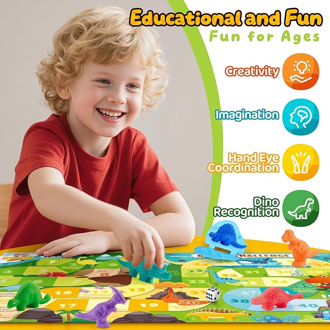 Dinosaur Dough Sets for Kids Ages 2-4, Family Board Games for 2-6 Players, 6 Dino 3D Modeling Tools, 5 Dough, Adventure Map & Dice, Dough Accessories Gift for 3 4 5 6 Year Old Boys Girls