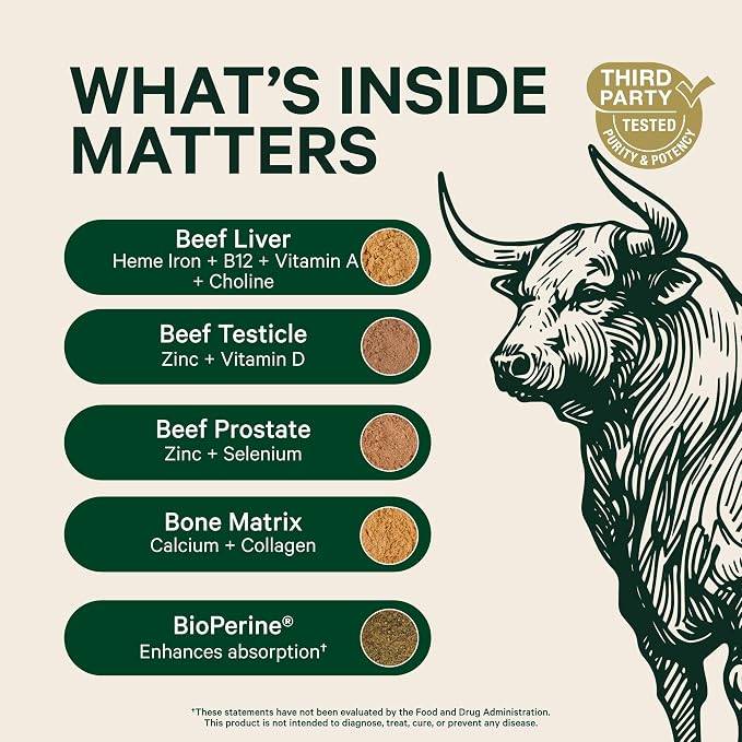 Pink Stork Men's Beef Organ Complex | Grass-Fed, Grass-Finished Beef Liver, Testicle, Prostate + Bone Marrow | Supports Energy, Vitality + Men's Health | Bioavailable Superfoods | 30 Servings
