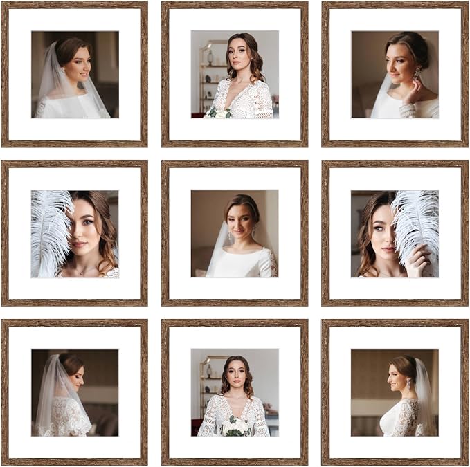 12x12 Picture Frame Set of 9, Display Pictures 8x8 with Mat or 12x12 without Mat, Multi Collage Gallery Square Photo Frames for Wall or Tabletop,Distressed Brown