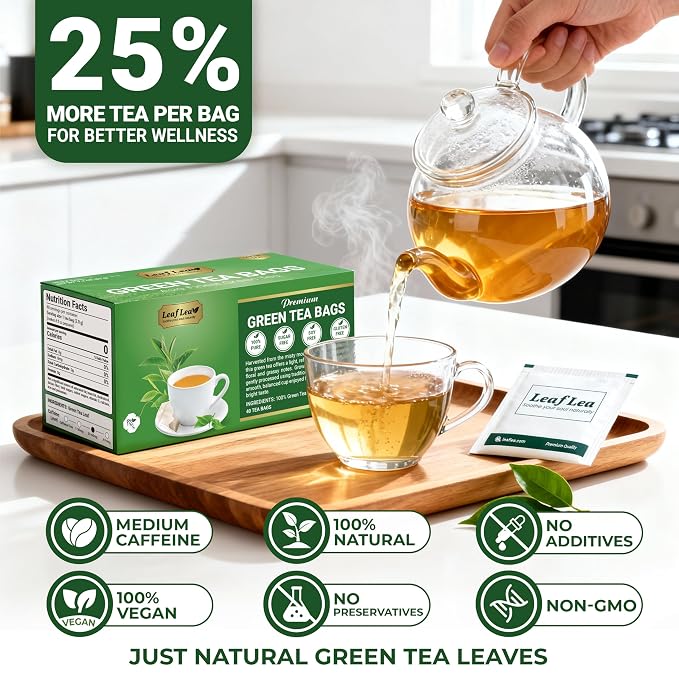 LeafLea Green Tea Bags, Pure Single-Ingredient Green Tea Leaves, 40 Count | Smooth, Refreshing & Naturally Caffeinated, Sugar-Free, Non-GMO, Individually Foil-Wrapped To Lock In Freshness