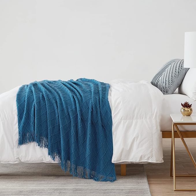 BOURINA Royal Blue Throw Blanket 50x90 Inch Knitted Soft Throw Sofa Blanket | Knitted Throw Blanket 50x90 Inches, Soft Lightweight Boho Weave Throw Decorative Couch Blanket for Living Room Bedroom Chair