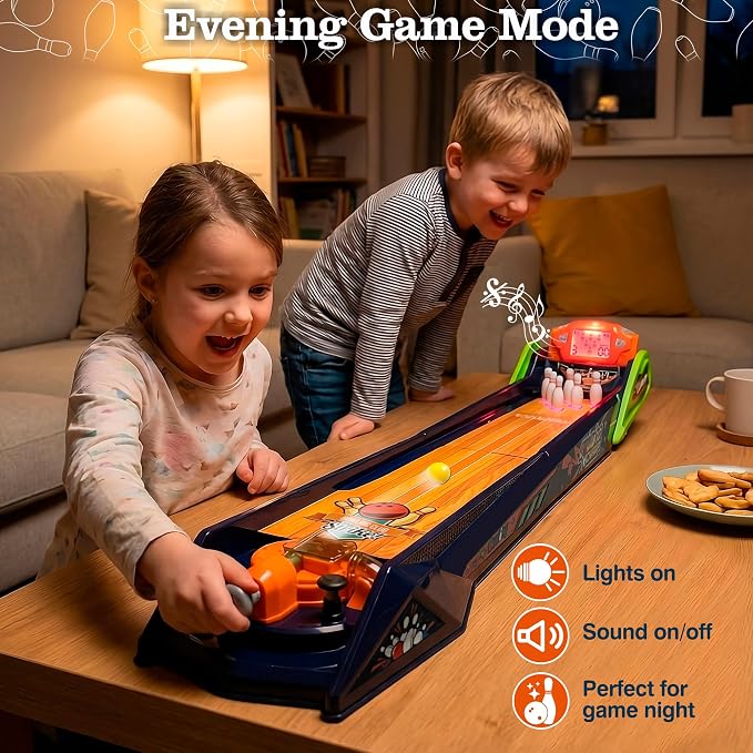 Bowling Game — Electronic Tabletop Arcade Game with LCD Auto Scoring, Lights & Sound, Spring-Loaded Launcher & 1-2 Player Modes — Mini Bowling Set for Kids
