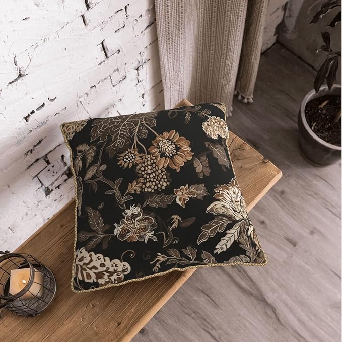 Vintage Black Floral Leaves Velvet Pillow Covers 16x16 Inch Brown Beige Tan Boho Flowers Throw Pillows For Couch Cushion Covers Pillowcase Farmhouse Bohemian Pillow Cases for Sofa Bed Bedroom