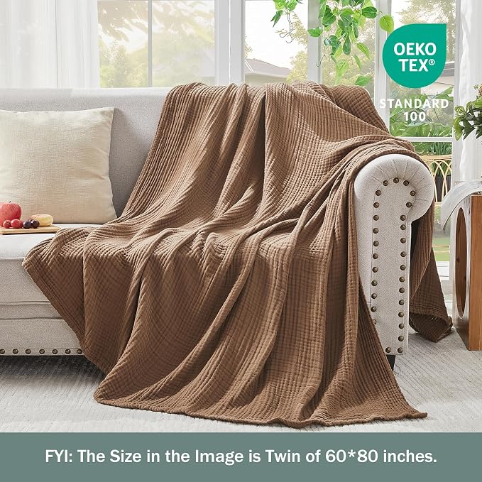 EMME Muslin Blankets for Adults Brown Small Blanket 40" x 50" | Throw Blanket for Couch Breathable Gauze Soft Lightweight Airy Light