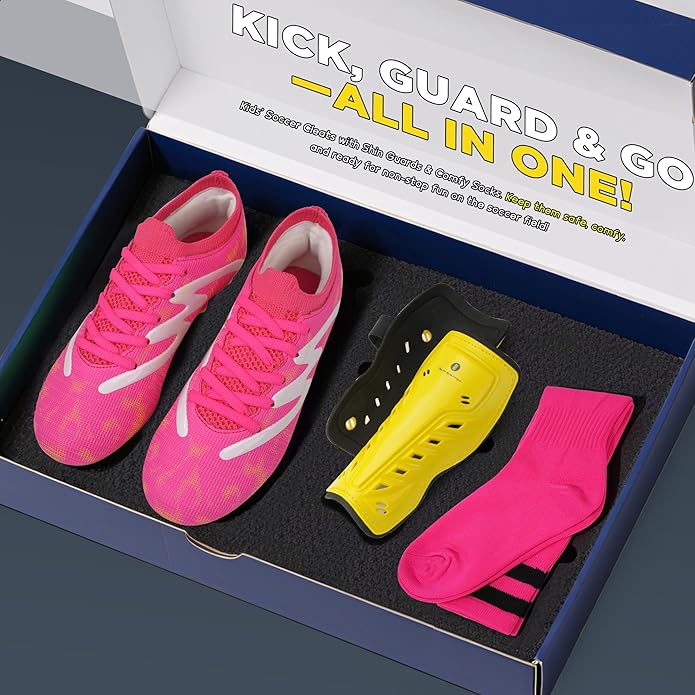 brooman Kids Firm Ground Soccer Cleats Boys Girls Football Shoes with Shin Guards and Soccer Socks
