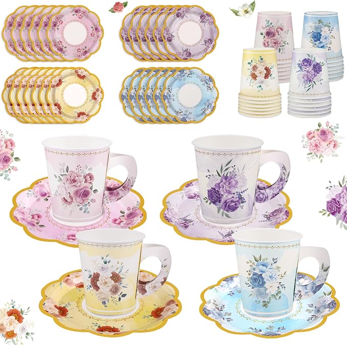 24 Sets Disposable Paper Tea Cups 7 OZ Floral Tea Party Cups with Handle and Plates Teacups and Saucer Sets for Garden Party Baby Bridal Shower Birthday(Watercolor Style)