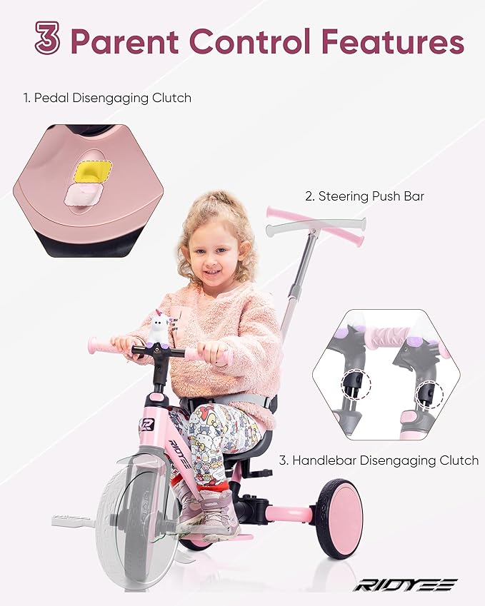 5-in-1 Toddler Tricycle for Ages 1.5–3, Parent Steering Push Trike, Tool-Free Convertible to Balance Bike, Safety Belt, Removable Backrest and Footrest, Ride-On Toy for Boys & Girls, Pink